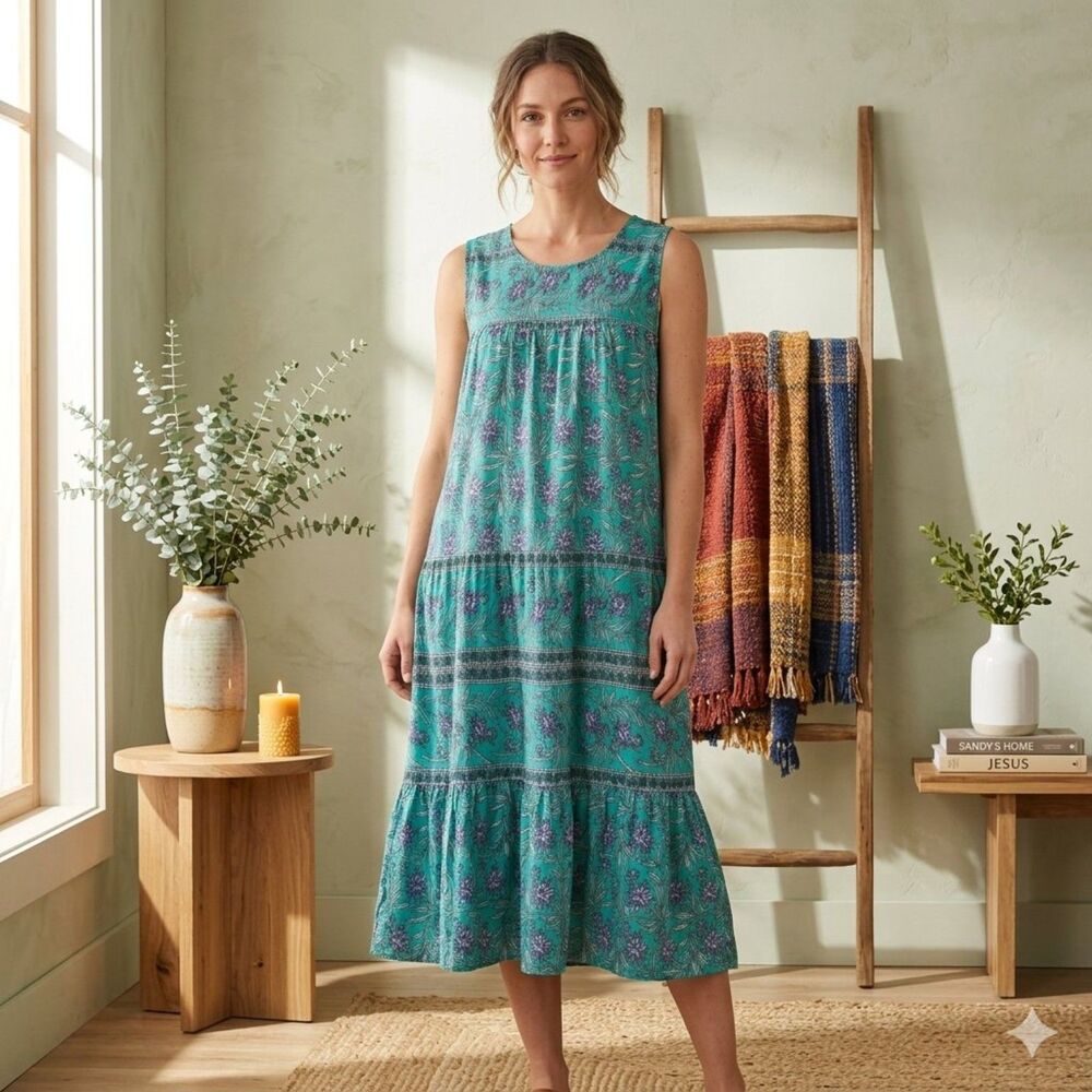 Vermont Country Store Womens L Green Floral A Line Dress Sleeveless Cotton